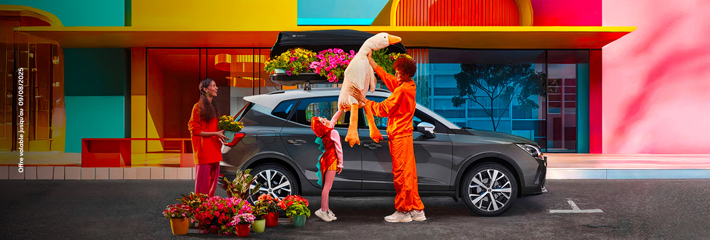 SEAT new car services – Woman stepping out of a car hair blowing