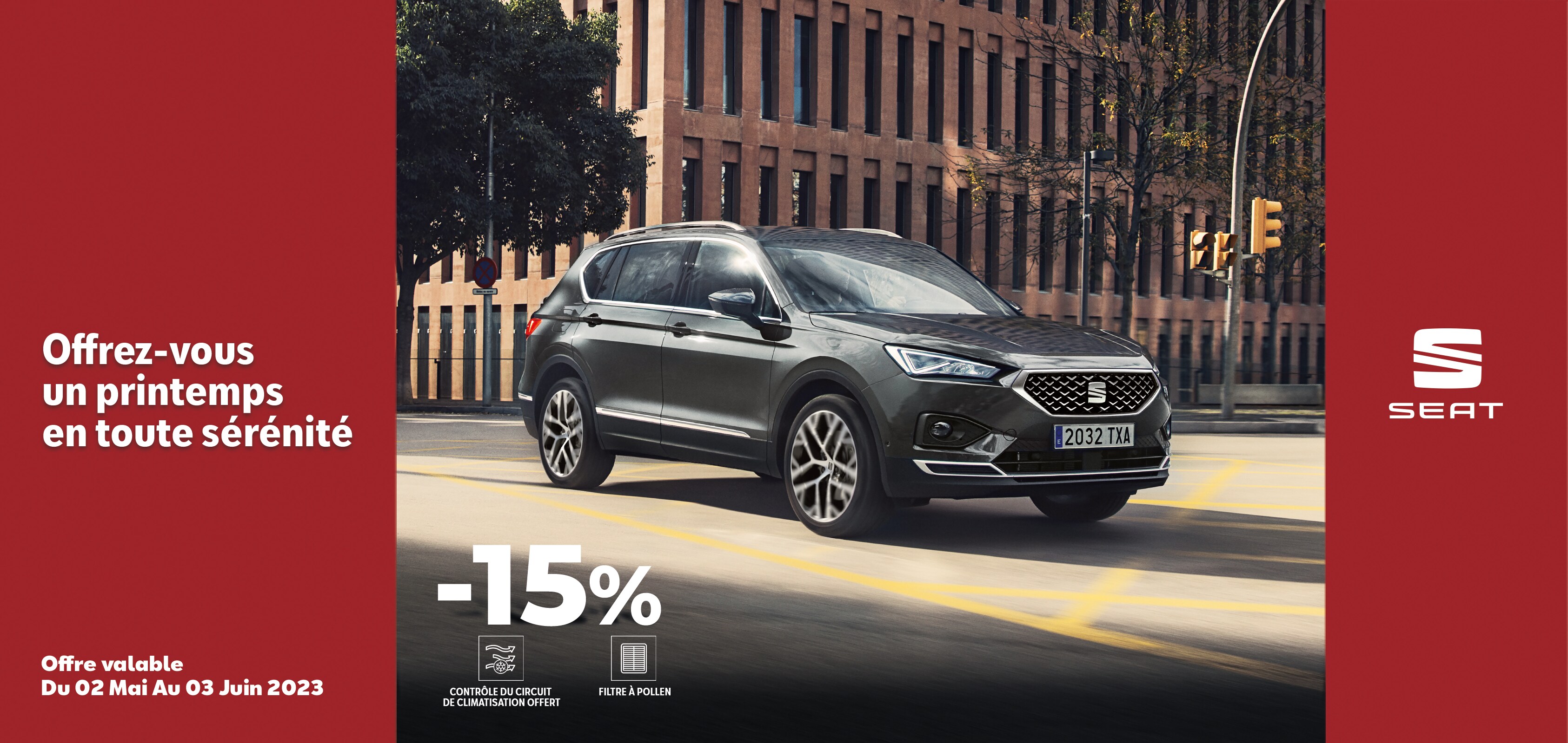 SEAT new car services – rear view of SEAT Arona crossover SUV parked in a dessert with a profile view of a woman
