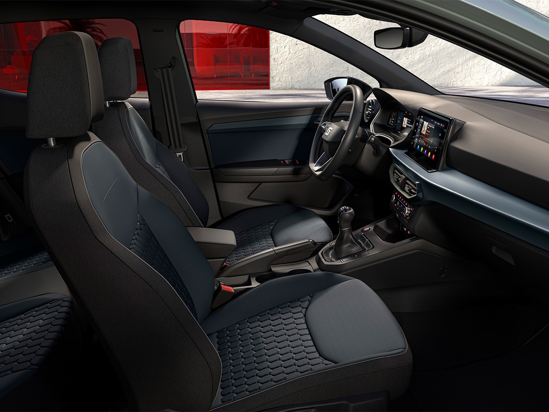 SEAT Ibiza interior details including the embossed standard seats for Style in Aurora green